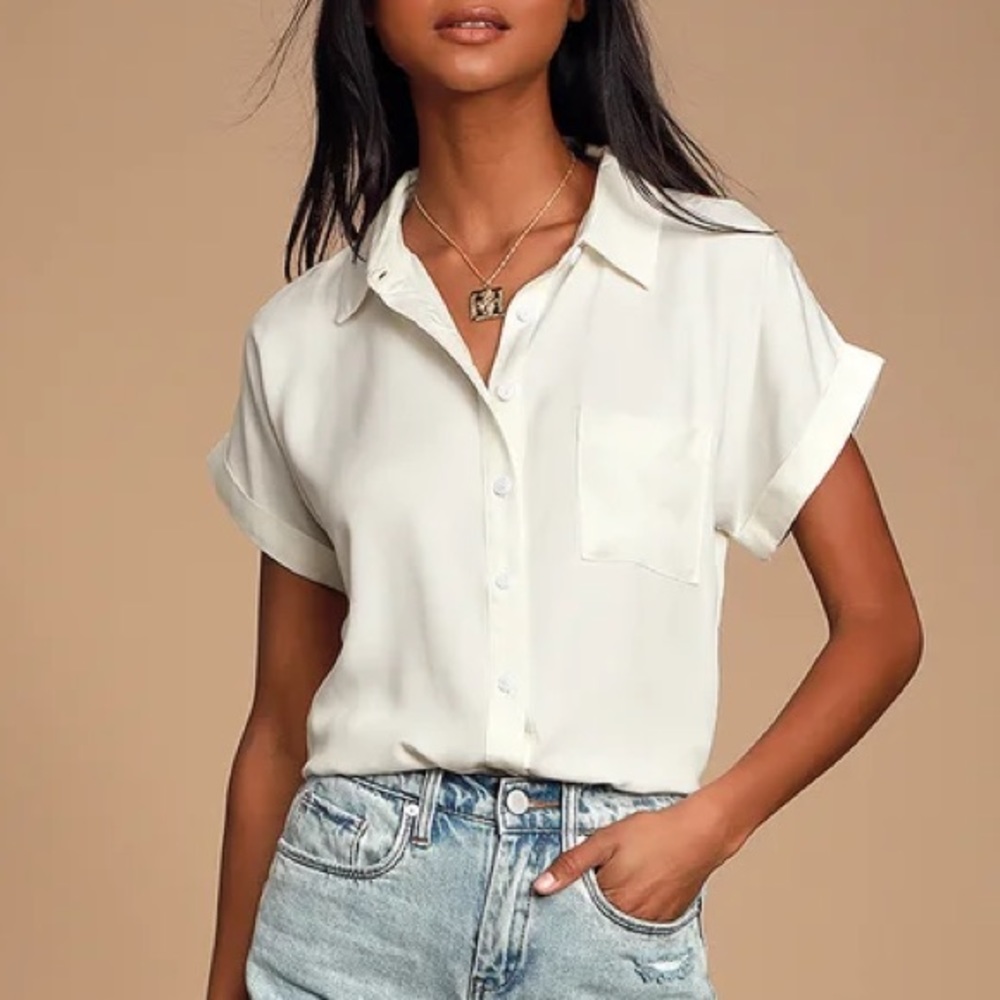 🌿 3/$30 NWT Lulus Blythe White Short Sleeve Button-Up Top XS